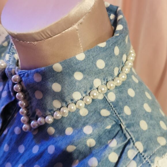 Ank Rouge Size Women's Small Denim Blouse Top Pearl Polka Dot Boho Japan Import - Picture 5 of 16